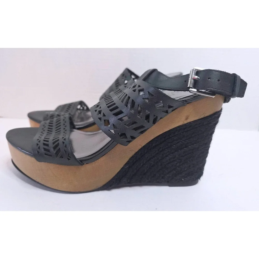 Lauren RL Georgina Black Leather Laser Cut Wood Wedge Platform Sandals 8B